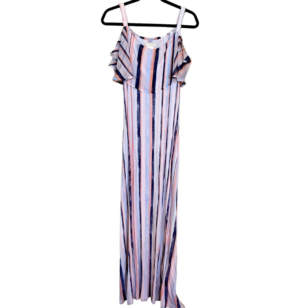 Flouncy Striped Long Cold Shoulder Maxi Dress - Small - Pinks/Blues